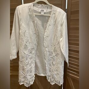 Women’s La Rea  White Linen Open Front Beaded  Jacket Blazer size XL